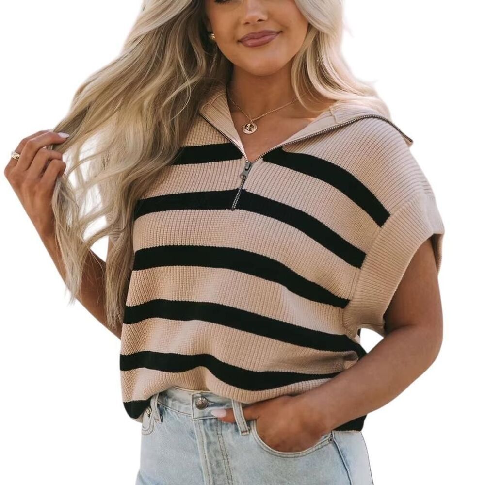 These Three Boutique Tan and black striped sweater vest